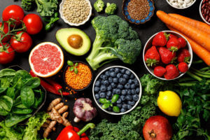 A display of healthy foods that a nutrition and food management coach would recommend.